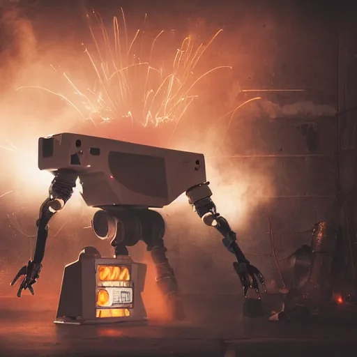 Image similar to toaster oven terminator robot, dark messy smoke - filled cluttered workshop, dark, dramatic lighting, orange tint, sparks, cinematic, highly detailed, sci - fi, futuristic, movie still