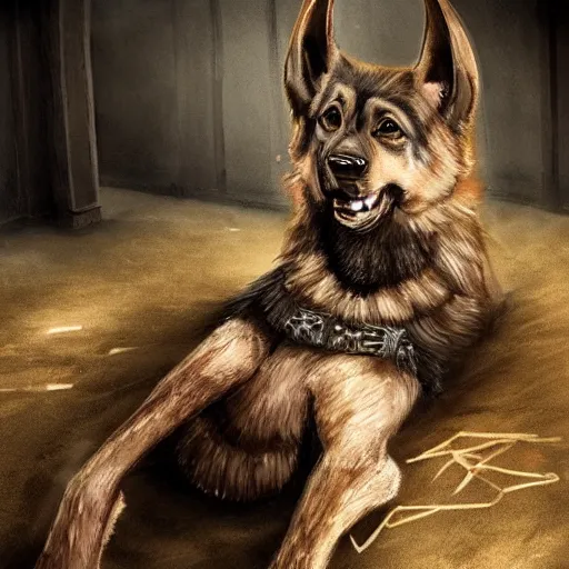 Image similar to a wounded humanoid german shepherd beast - man in military style, sitting on the carpeted floor beside a bed, highly detailed portrait, digital painting, artstation, concept art, smooth, sharp foccus ilustration, artstation