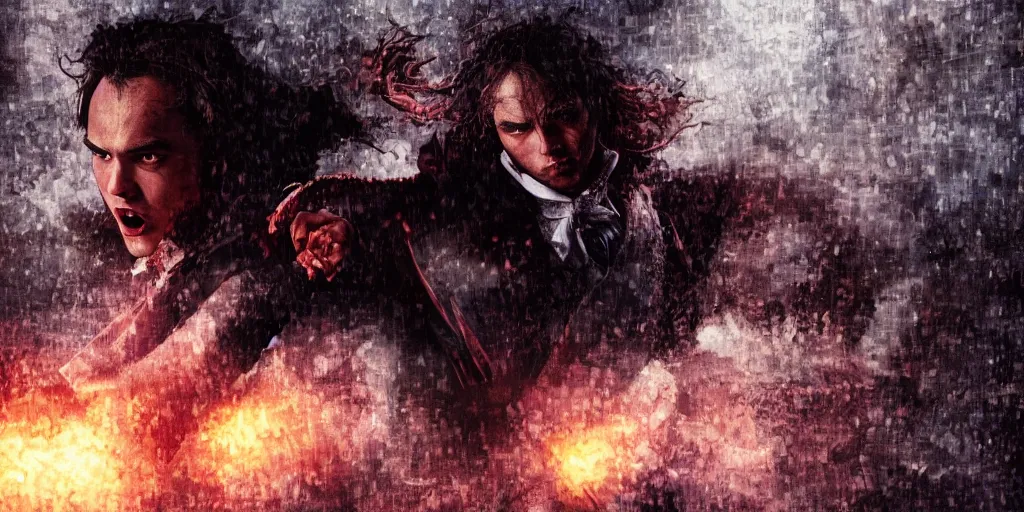 Prompt: frank dillane fighting dracula in victorian london, film still, full body portrait, 3 5 mm, highly detailed, dynamic lighting, intricate, digital painting, liam wong