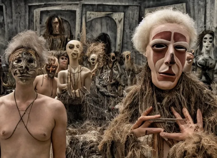 Prompt: sensual scene from art house film by alejandro jodorowsky, roger ballen and wes anderson : : surreal scene of an occult ritual in a picturesque outdoors setting : : mirrors, masks, costumes, snakes, smoke, burned dolls : : close - up of the actors'faces : : technicolor, 8 k