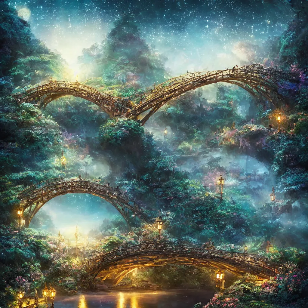 Prompt: fairyland bridge, outside of time and space, dreamy, romantic, night lighting, gorgeous lighting, dramatic cinematic lighting, intricate, highly detailed, in the style of studio ghibli, 8 k