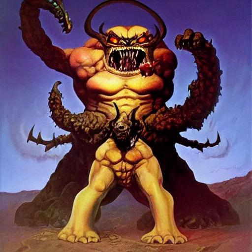 Prompt: demonic balrog wearing sunglasses and eating ice cream cone, painting by boris vallejo, frank frazetta, and rembrandt