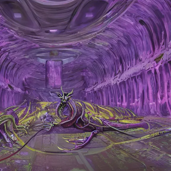 Image similar to detailed shot of inside a cavernous living stomach of a giant robot ((dragon)), the walls purple and pulsing, lots of acid pooling up on the floor, digesting humans that ended up inside, food pov, micro pov, vore, digital art, furry art, high quality, 8k 3D realistic, macro art, micro art, Furaffinity, Deviantart, Eka's Portal, G6