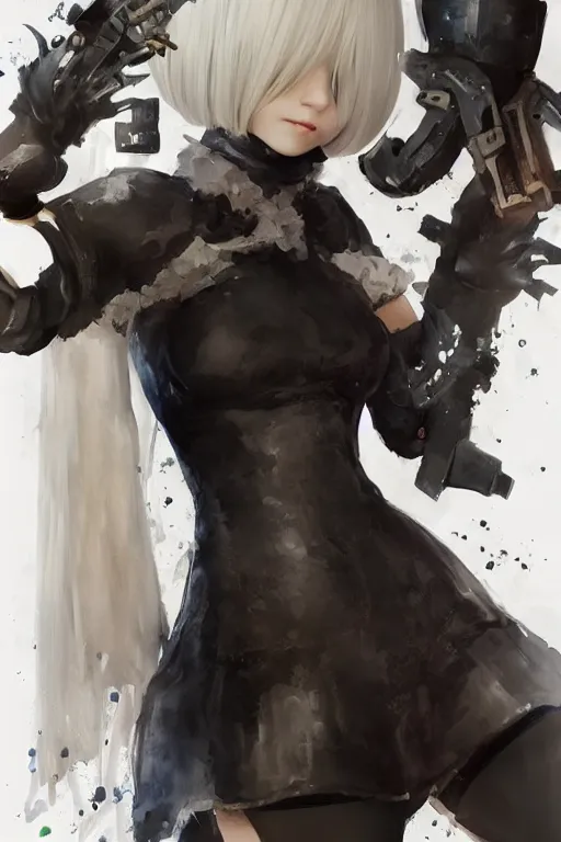 Image similar to Full body Portrait of young, beautiful 2B from Nier Automata, full of details, watercolor painting, concept art, smooth, by Ina Wong and wlop ，trending on cgsociety and artstation，8kHDR，light effect