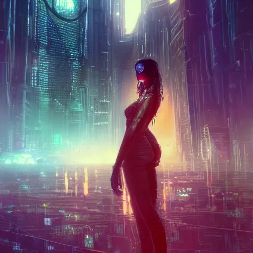 Image similar to molly millions, portrait of a young beautiful cyberpunk woman, mirror eye implants, black hair in a rough shag, street samurai, sunset, neuromancer, cyberpunk city background, megacity, gorgeous view, depth, painted by seb mckinnon, high detail, digital art, painted by greg rutkowski, trending on artstation