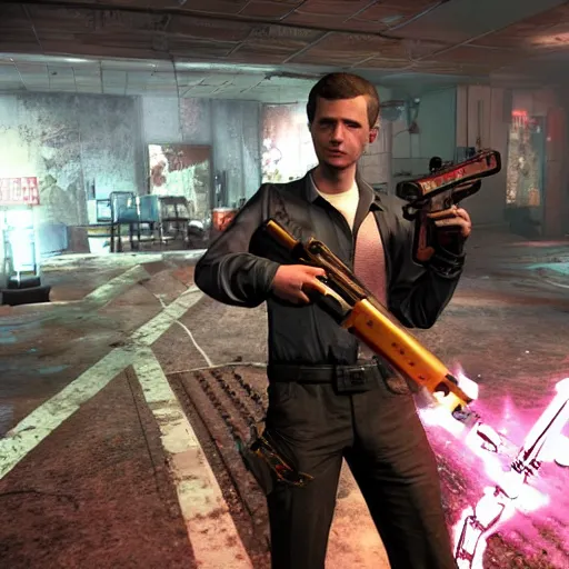 Image similar to michael cera in black ops 2 zombies holding ray gun, hd action screenshot