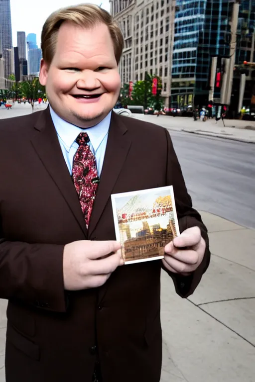 Prompt: andy richter wearing a brown suit and necktie, ultra hd photo, 3 5 mm close up, fish eye, realistic, smiling, standing in the streets of chicago, holding a postcard from chicago