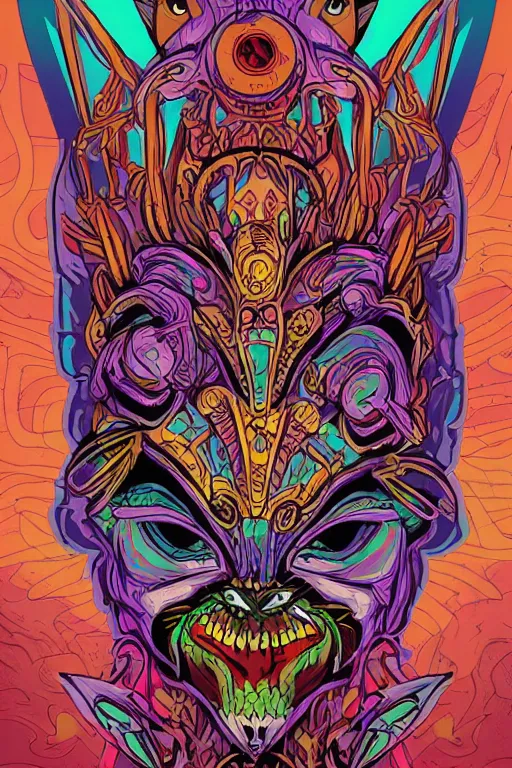 Image similar to animal mask totem roots flower tribal feather gemstone plant wood rock shaman vodoo video game vector cutout illustration vivid multicolor borderlands comics by josan gonzales and dan mumford radiating a glowing aura