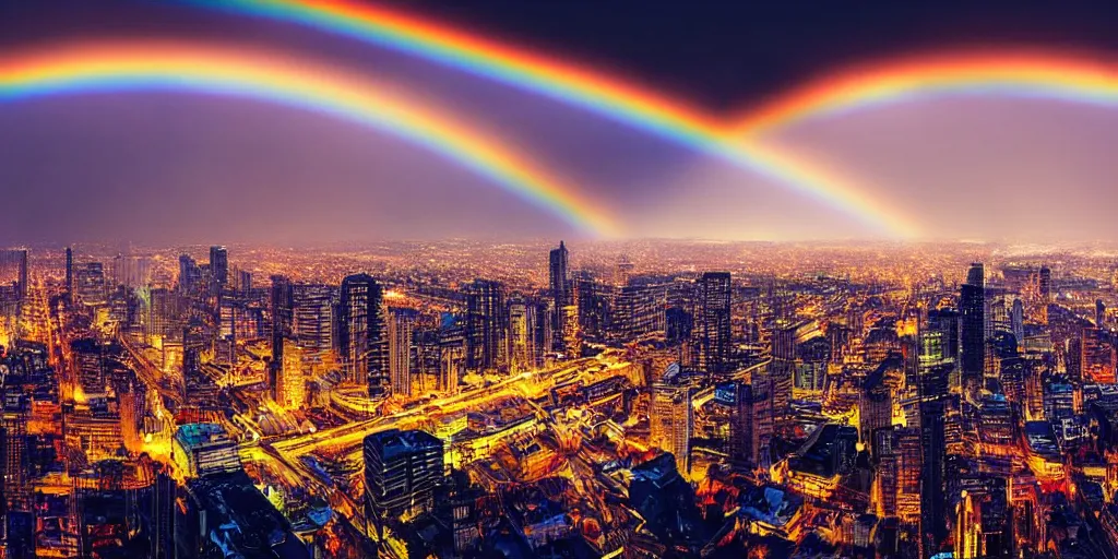 Image similar to a huge city landscape with a dawn mood, many rainbows in the background, incredible digital art, many rainbows, wide angle,