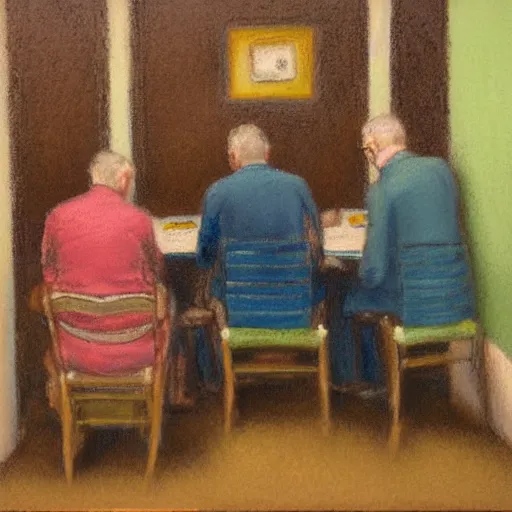 Prompt: two men sitting in chairs across from each other in a tiny room, pastel painting