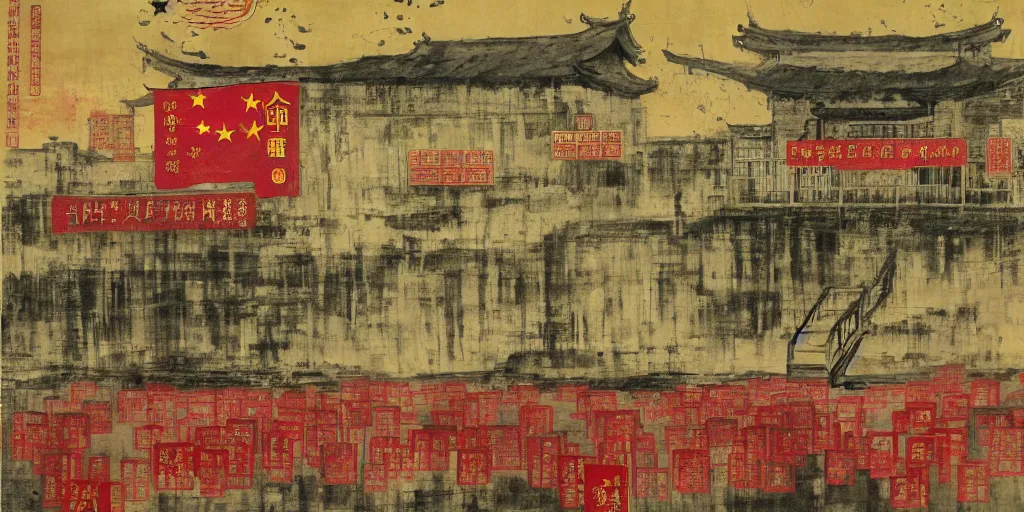 Image similar to a chinese prison near a river by peter doig, overlaid with chinese adverts