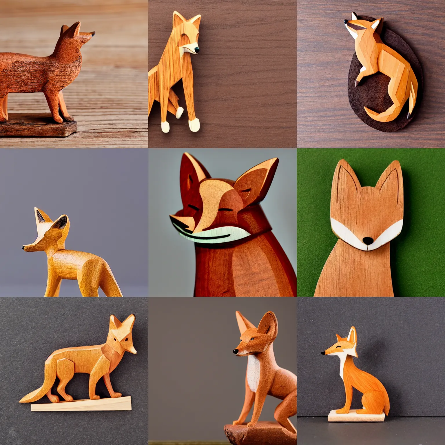 Prompt: A wooden statuette of a fox on a cracker. solid Background.