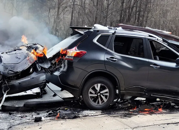 Image similar to a crashed black 2017 nissan rogue on the side of the highway, on fire