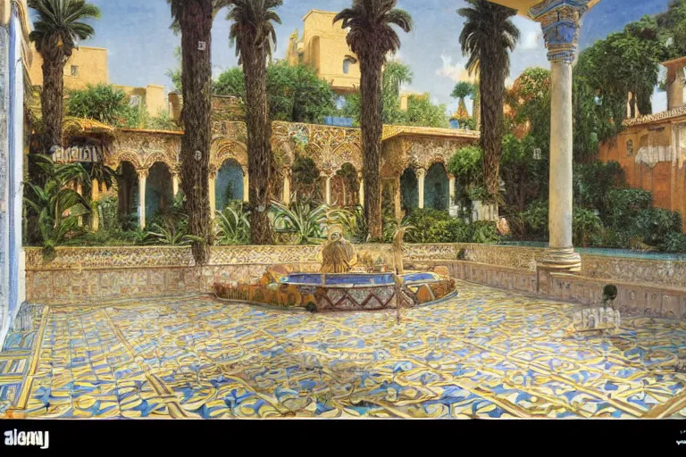 Prompt: painting of a beautiful moorish palace courtyard garden, by rudolf ernst and donato giancola and maxfield parrish and evelyn de morgan and a. j. casson, patterned tilework, palm trees, tiled fountains, extremely detailed, cinematic lighting, smooth sharp focus