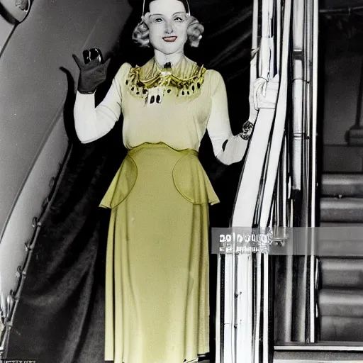 Prompt: a vintage historical fantasy 1 9 3 0 s kodachrome slide german and eastern european mix of the queen of winter is pictured attending a royal tour. she is shown descending a staircase from a luxurious plane, waving to the crowd below. she is donning a pencil skirt and peplum jacket in a yellow and green skirt suit.