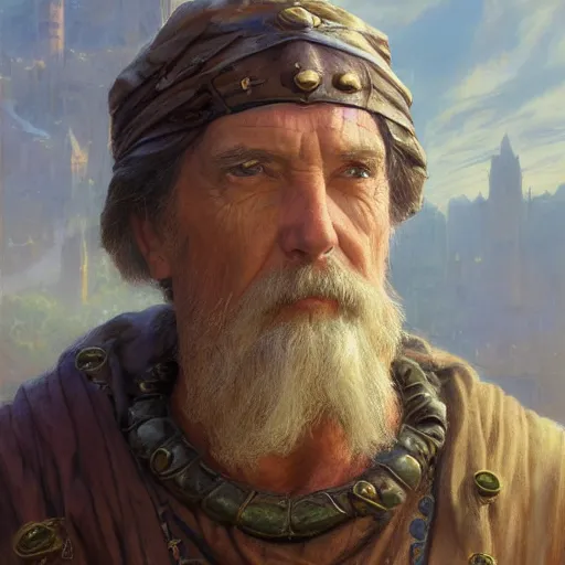 Image similar to the friendly merchant as a realistic fantasy d & d character, closeup portrait art by donato giancola and greg rutkowski, realistic face, digital art, trending on artstation