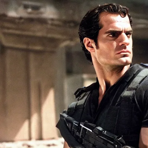 Prompt: henry cavill in true lies, movie scene