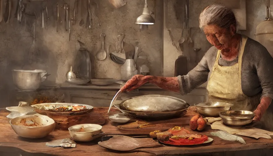 Image similar to old eastern lady cooking in her old 1 8 0 0's kitchen, pan and plates, hyperdetailed, artstation, cgsociety, 8 k