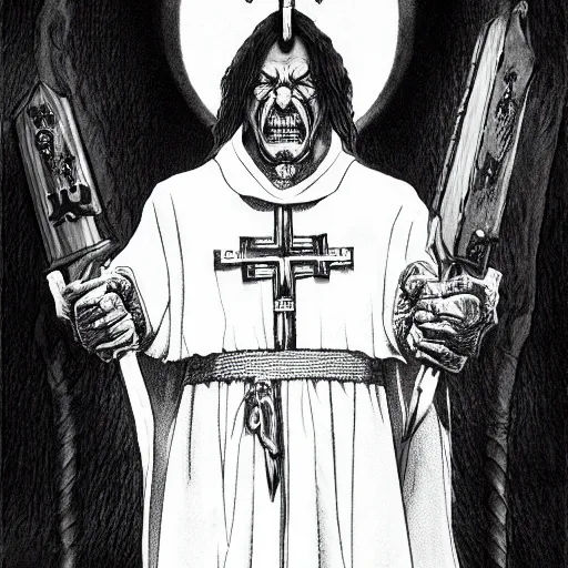 Image similar to Danny Trejo as church nun, dark fantasy, highly detailed, artstation, manga illustration by Kentaro Miura berserk