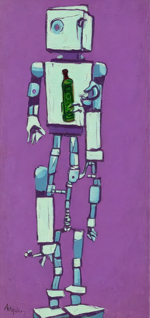 Image similar to purple robot holding a beer in the streets, azimov, painting