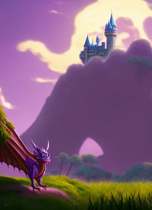 Prompt: a wholesome animation key shot of a purple dragon, castle in the background, studio ghibli, pixar and disney animation, sharp, rendered in unreal engine 5, anime key art by greg rutkowski, bloom, dramatic lighting