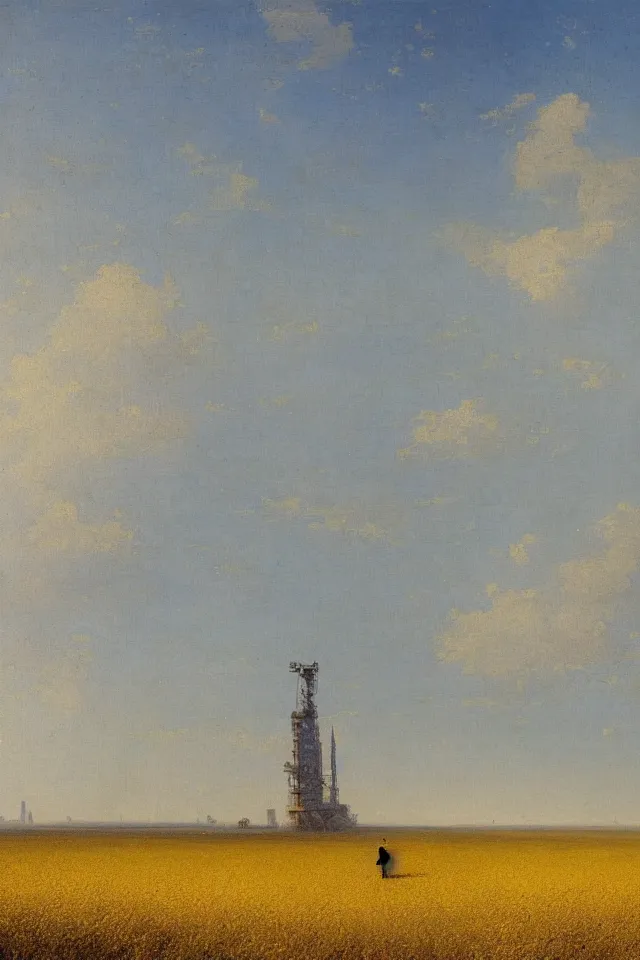 Prompt: painting of the back view of a terminator robot, standing far away in the vast yellow wheat fields, looking at a distant gargantuan tall building group by Ivan Aivazovsky