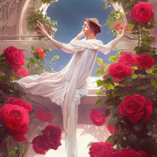 Image similar to man suspended over water, roses everywhere, highly detailed, digital painting, artstation, concept art, smooth, sharp focus, illustration, art by artgerm and greg rutkowski and alphonse mucha