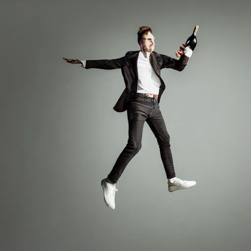 Prompt: an elgant detailed portrait of a male model boisterously dancing around the room by himself holding an empty wine bottle as he jumps in the air in a (warehouse), striking artistic concept, perfect composition, detailed facial expression, fine detail, dramatic lighting, award-winning photo UHD, 4K