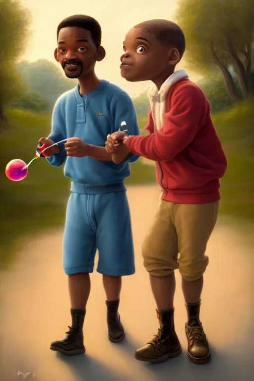 Prompt: Will Smith and Chris Rock As Short Midgets Holding Hands And Blowing Bubbles, illustration, soft lighting, soft details, painting oil on canvas by Edmund Blair Leighton and Charlie Bowater octane render, HDR, trending on artstation, 4k, 8k, HD