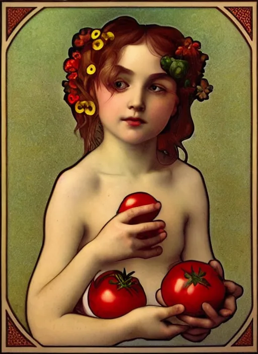 Prompt: Girl with a tomato, in the style of Raphael and Mark Ryden and Alphonse Mucha,