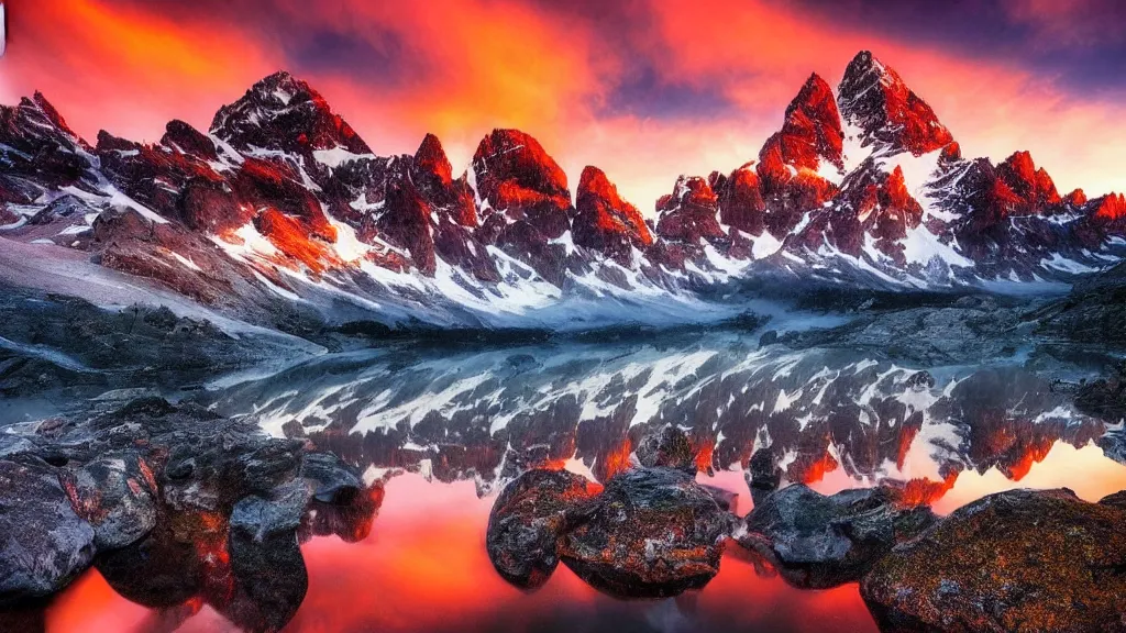 Image similar to amazing landscape photo of mountains with lake in sunset by marc adamus, beautiful dramatic lighting