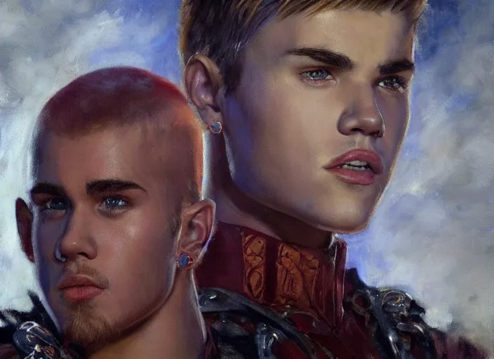 Image similar to a highly detailed beautiful portrait of justin bieber as kratos, by gregory manchess, james gurney, james jean