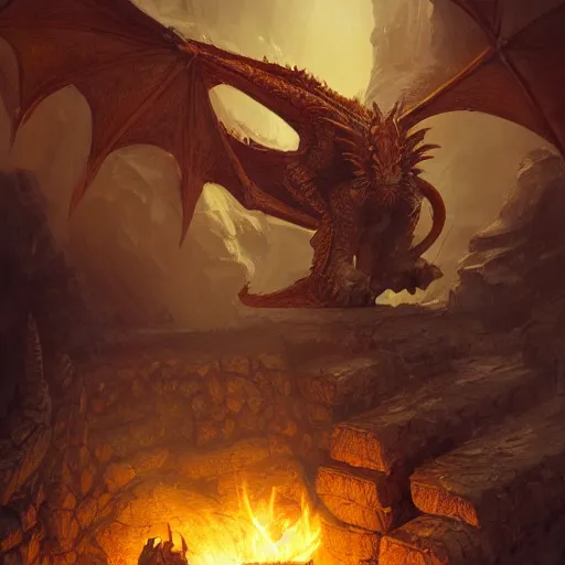 Image similar to dragon sleeping on a pile of treasure, dramatic light, dungeon background, torches, high detail, fantasy background, painted by stanley lau, painted by greg rutkowski, painted by stanley artgerm, digital art, trending on artstation