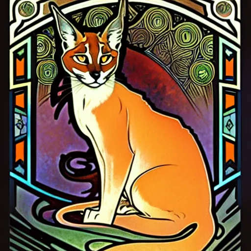 Image similar to A caracal cat by Alphonse Mucha and Julie Dillon