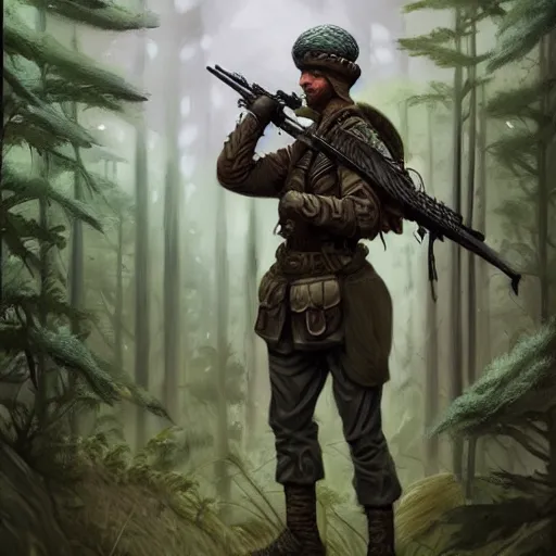 Prompt: male soldier in the forest, by annie leibowitz!!!, D&D, fantasy, intricate, elegant, highly detailed, digital painting, artstation, concept art, matte, sharp focus, illustration