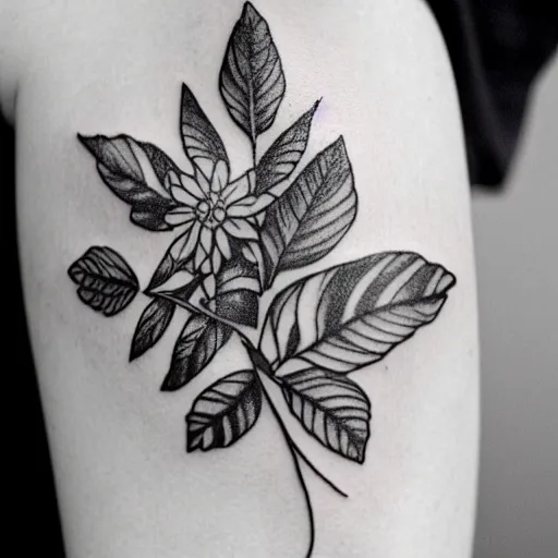 Prompt: delicate tattoo of flowers, insects, and leaves in black and white that covers a female arm from the shoulder to the hand