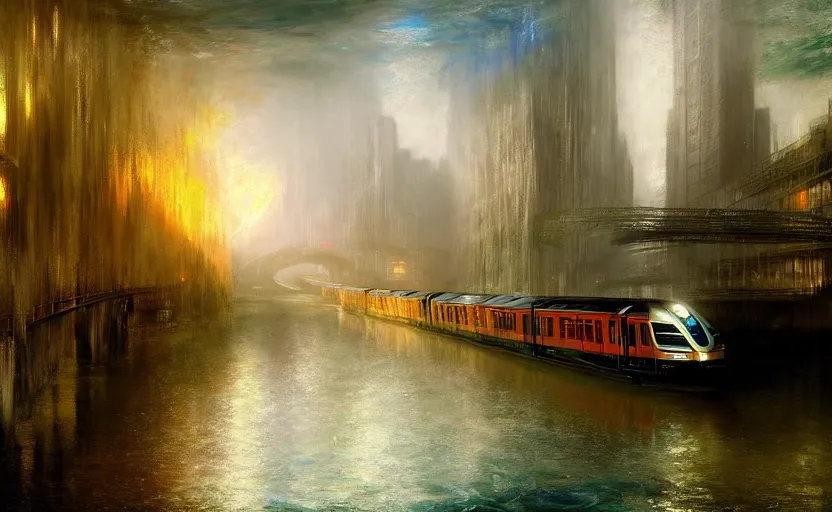 Image similar to an urban train rides inside of a waterway on a fantasy city. by artstation trending, by joseph mallord william turner, luis royo, konstantin razumov, cinematic lighting, fractal flame, highly detailed