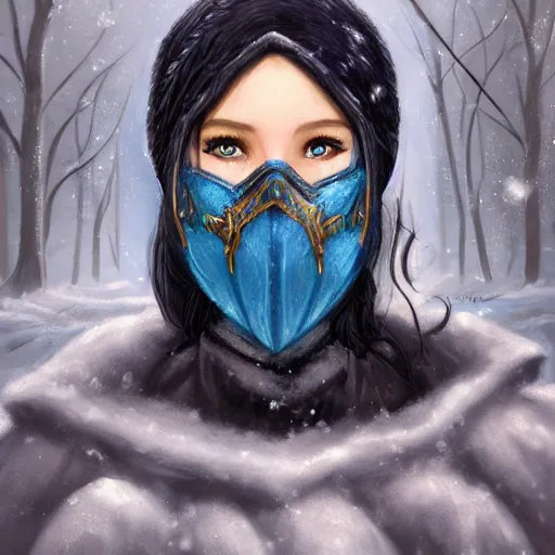 Image similar to bandit from ‘ icewind dale ’ and ‘ icewind dale heart of winter ’, with a frost blue gem mask lined with copper, ‘ icewind dale 2 ’ profile portrait by ‘ justin sweet ’, perfect face, pretty face, falling snow, soft focus, illustration, oil paint,