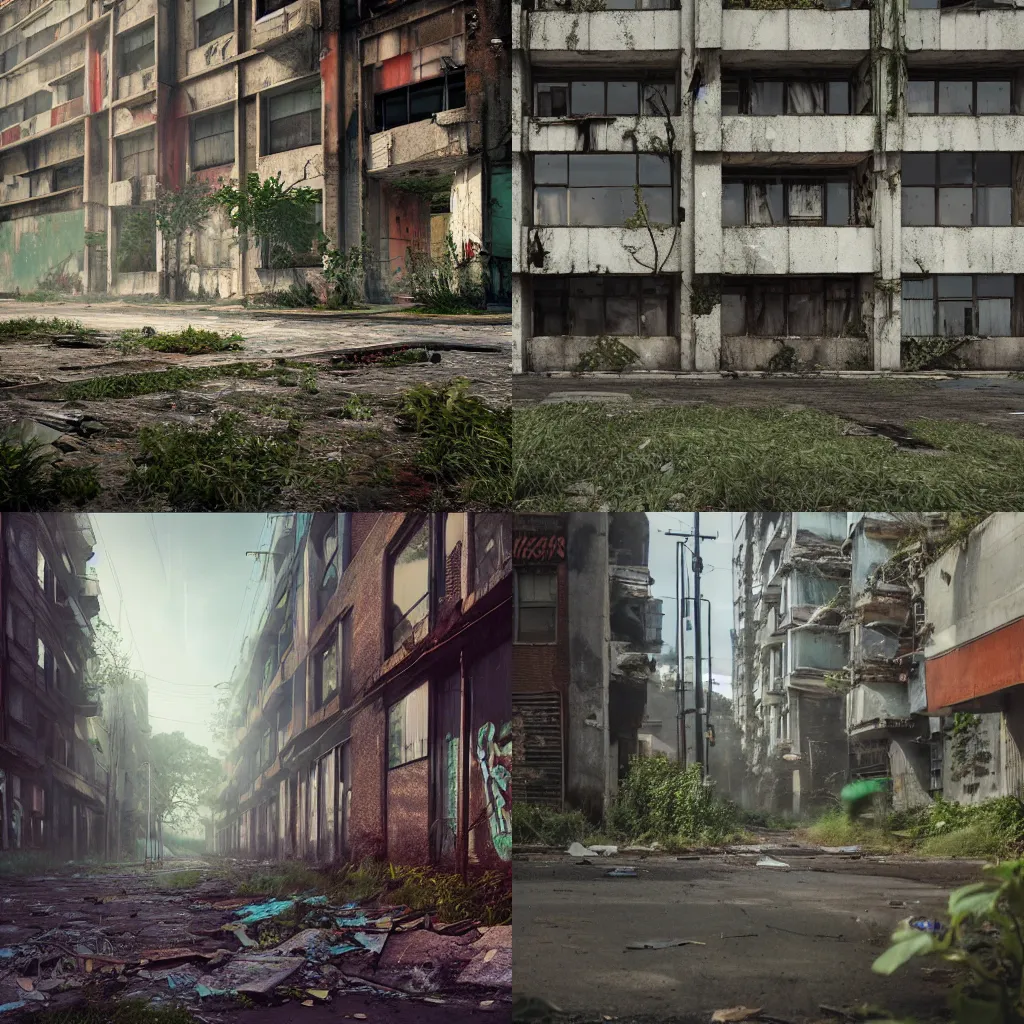 Prompt: Decaying abandoned city block with faded graffitis and overgrown vegetation. Brutalist style, concept art, realistic octane render, uplight, 8k, high detail