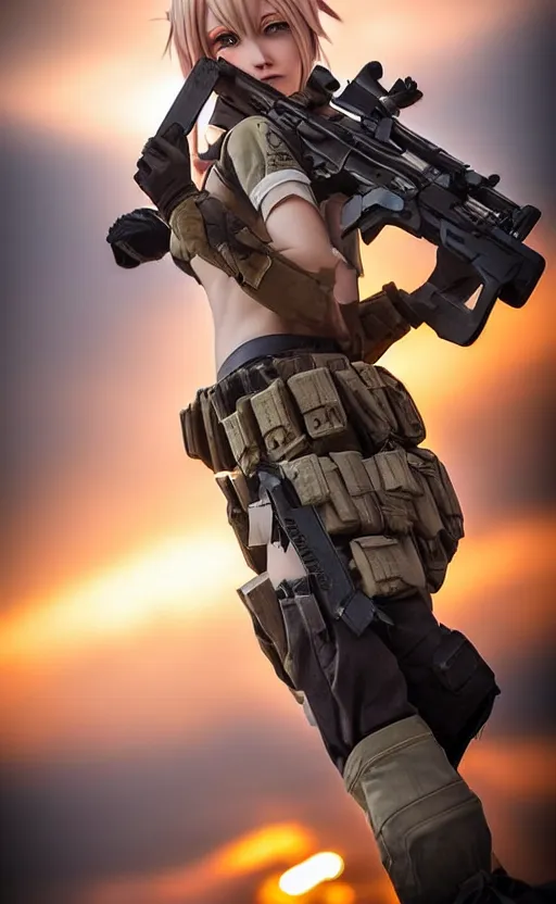 Prompt: highly detailed, high resolution, cosplay photo, stunning, realistic lightning, real sunset, in the middle of the battlefield, girls frontline style, sharp focus, 150mm, trending on facebook, by professional photographer, realistic anatomy, realistic heavy military gear, realistic guns