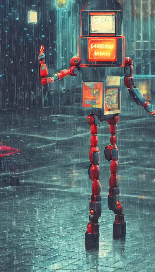 Prompt: arcade cabinet robot begging for coins in the rain, sharp focus, james gilleard, cinematic, game art, extremely detailed digital painting, print