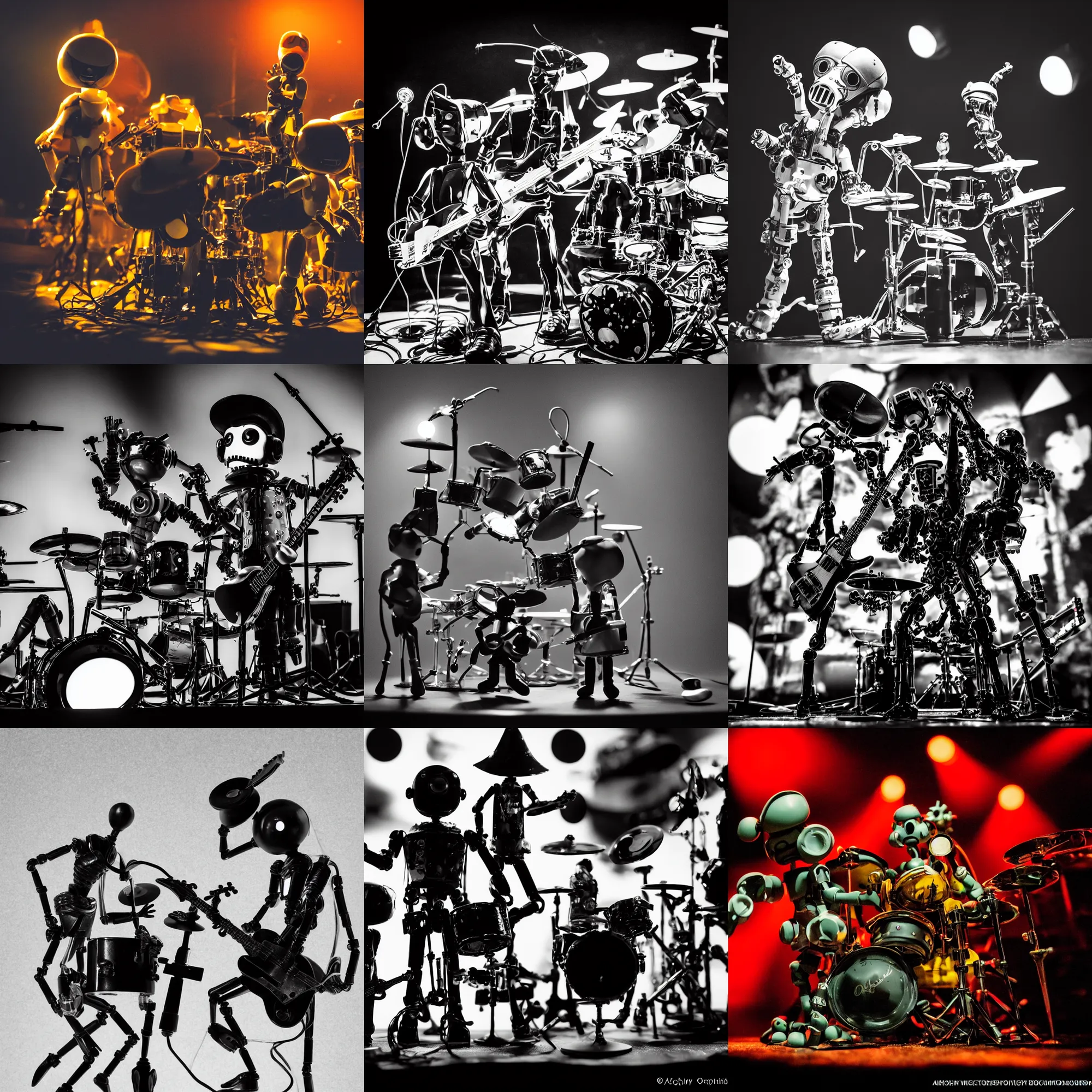 Prompt: a beautiful electronic concert photo shot of a couple of threea toys figurines by ashley wood, octopus robots playing drums and fender telecaster guitar, black background, concert light, dark mood, warm lights