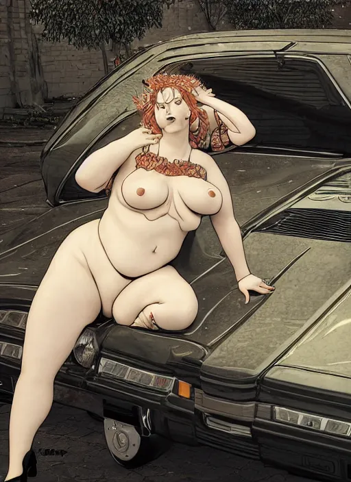 Image similar to fat woman posing near a ford taurus lx 1 9 8 6, intertwined, gothic, rich deep colrs, drawn by by kim jung gi, takato yamamoto. masterpiece. rendered in blender, smooth shadows, ultra detail, high resolution, cinematic unreal 6, 8 k