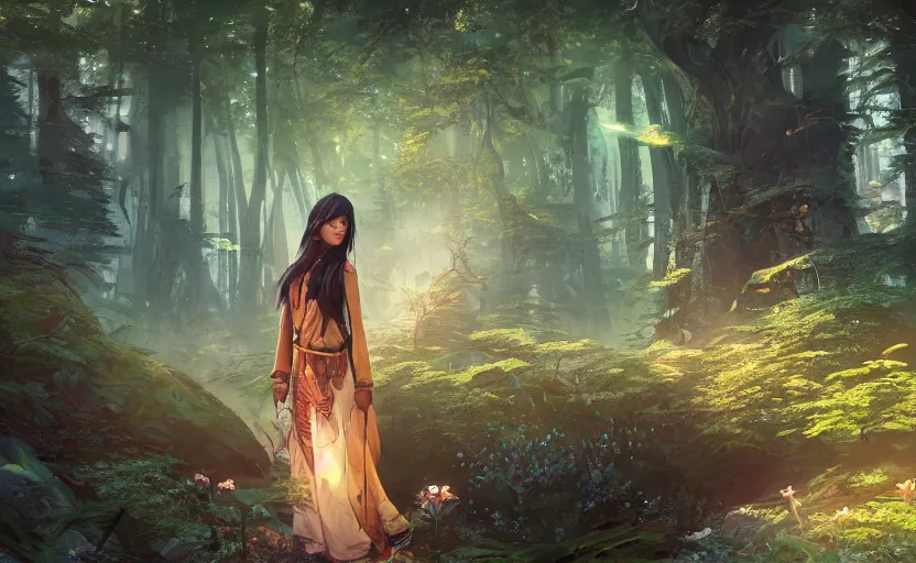 Image similar to beautiful Himalayan woman, sci-fi tibetan fashion, brown very very long hair, somber, scene of a summer forest with glowing blue lilies, dramatic light, wide angle, , dramatic angle , 8k hdr pixiv by Makoto Shinkai and Wojtek Fus, rossdraws, ambient occlusion