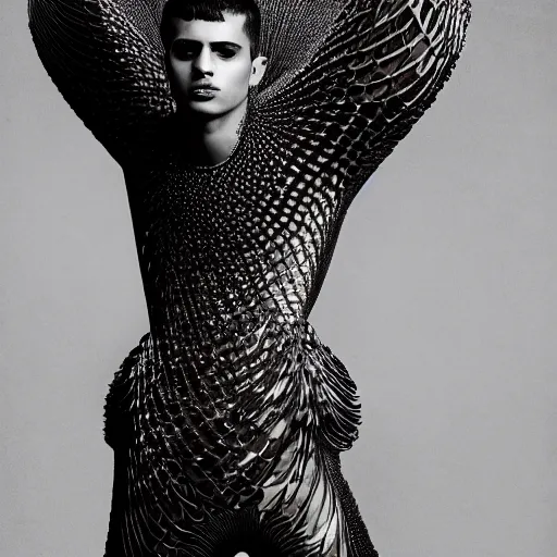 Prompt: a beautiful young persian male wearing iris van herpen couture, photographed by erwin olaf