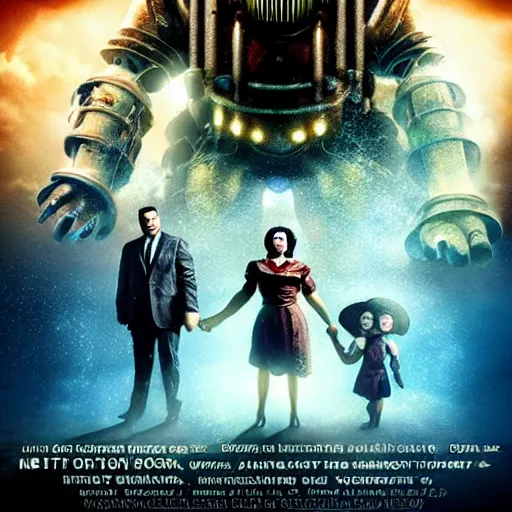 Image similar to movie poster for a live - action bioshock movie featuring a big daddy, andrew ryan, and little sister with the underwater city of rapture in the background