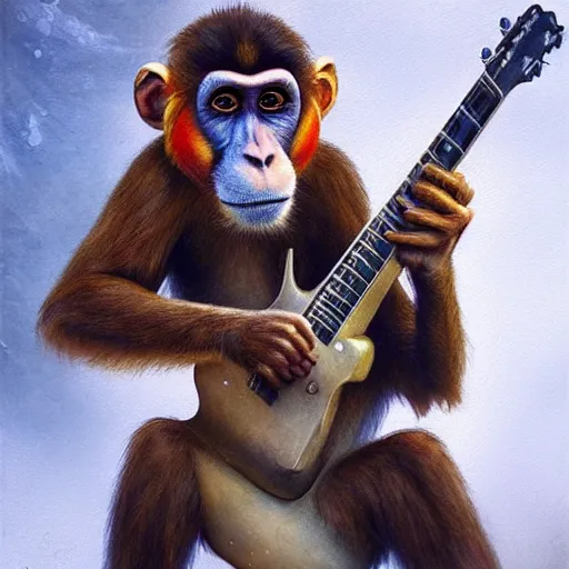 Image similar to Realistic Monkey playing Rudolph Schenker's guitar, by Antonio Caparo and Ferdinand Knab and Greg Rutkowski UHD photorealistic trending on artstation