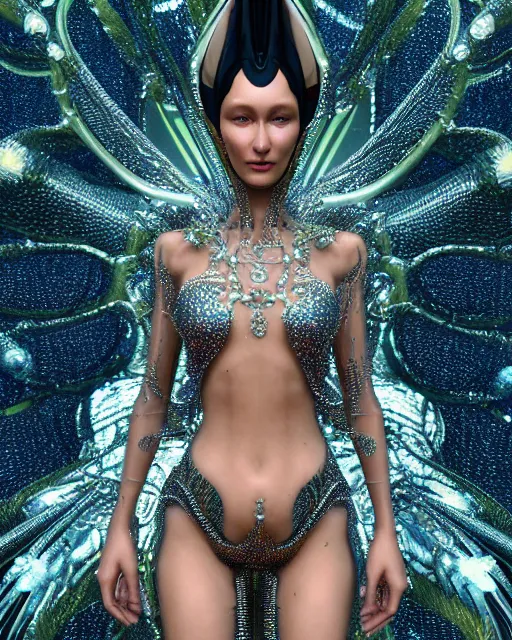 Image similar to a highly detailed metahuman 4 k close up render of an alien goddess bella hadid as alien in iris van herpen dress schiaparelli in diamonds crystals swarovski and jewelry iridescent in style of alphonse mucha gustav klimt trending on artstation made in unreal engine 4