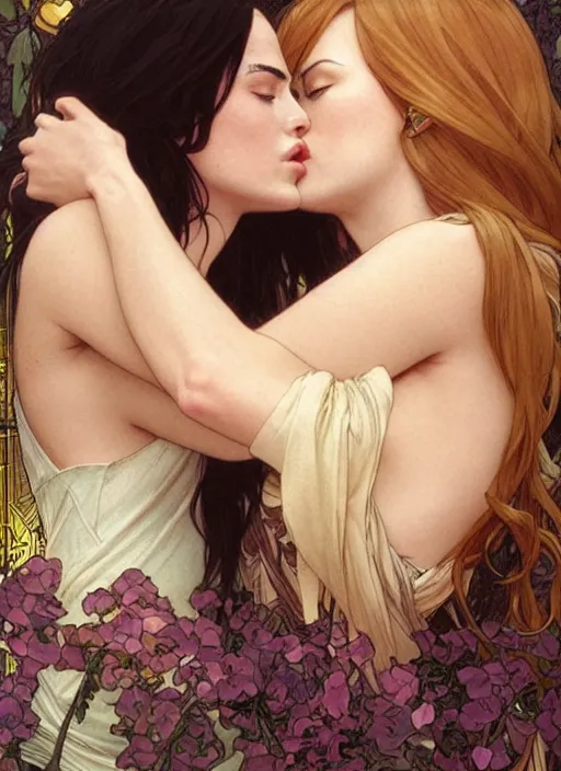 Image similar to megan fox kissing emma stone. beautiful detailed face. by artgerm and greg rutkowski and alphonse mucha