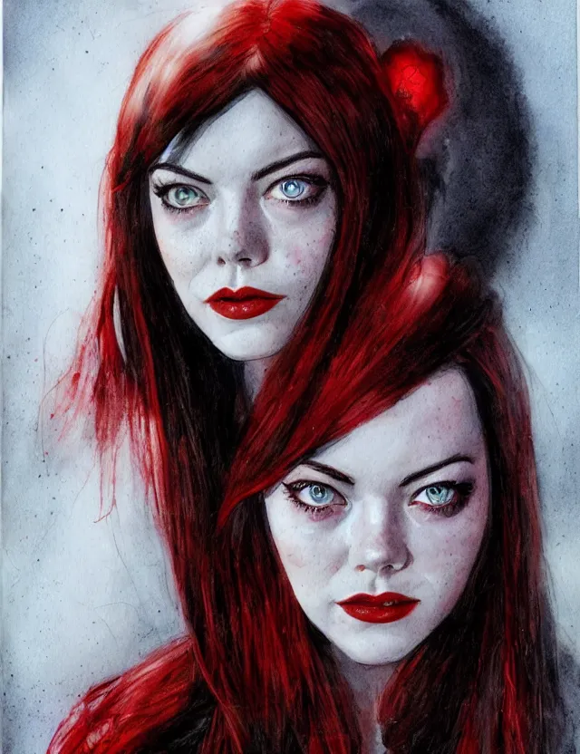 Prompt: portrait of a young emma stone as the scarlet witch, beautiful eyes, long black hair, aquarelle, realistic painting, freckles, 1 / 4 headshot